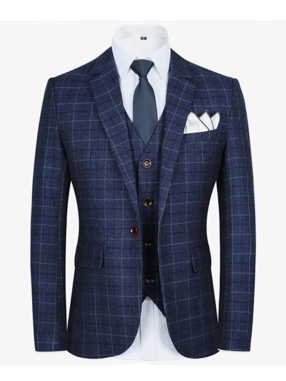 Men’s/Teens Navy Plaid Tweed Three-Piece Tuxedo Suit - Picture 2 of 4